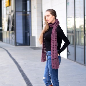 Crochet lace scarf with fringe in aubergine, womens handmade scarf with fringe, eggplant purple fringed scarf in soft merino wool blend image 6