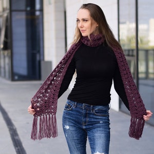 Crochet lace scarf with fringe in aubergine, womens handmade scarf with fringe, eggplant purple fringed scarf in soft merino wool blend image 2