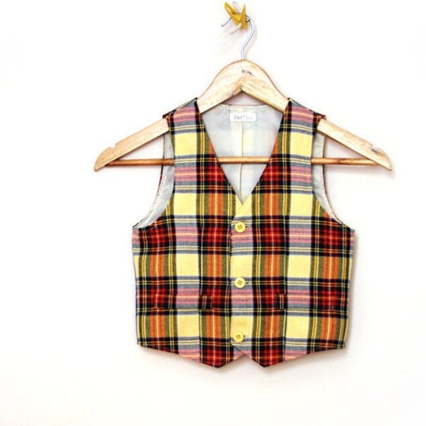 Boys wedding waistcoat in yellow and red tartan, toddler boy plaid vest, ring bearer vest, toddler wedding clothes, tailored vest for boys