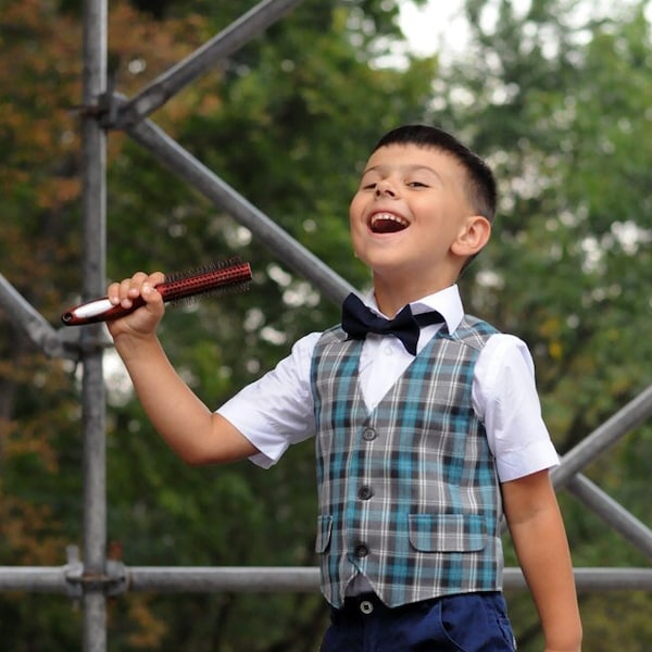 Boys formal vest in grey and blue tartan, toddler boy wedding waistcoat, baby boy plaid vest, ring bearer vest turquoise wedding clothes