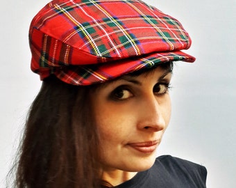 Womens newsboy hat in red or navy tartan, unisex flat cap, plaid driver cap, summer sun cap, Stewart tartan hat plaid hat for women or men