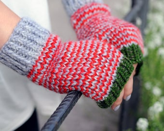 Grey red knit mittens without fingers Knit fingerless mitts Knit fingerless gloves Red and green gloves Gray mittens women Knit wristwarmers