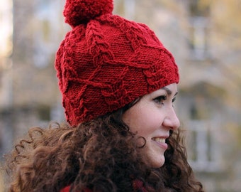 Knit pompom hat Womens knit beanie Red beanie hat Red hat Knit cap Knitted hats for womens knit winter hats ski hat with pom for girls