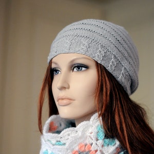 Handknit beanie hat, grey slouchy knit beanie for women, knitted beret, slouch knit hat for girl, grey knit cap, Christmas gift for women image 3