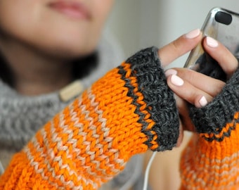 Orange half finger gloves Knit fingerless mittens Knit arm warmers texting gloves Wool gloves women knit fingerless mitts Touchscreen gloves