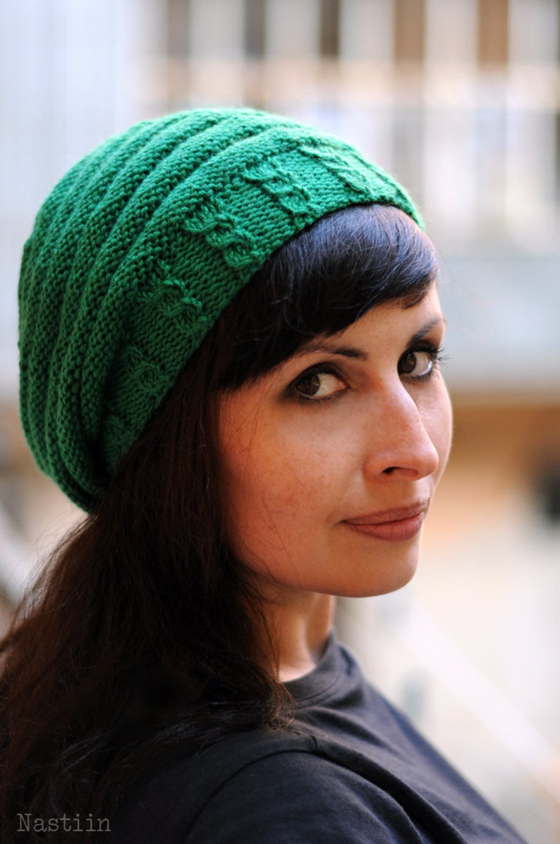 Kelly green knit beanie hat Slouchy knit beanie Womens cable Etsy