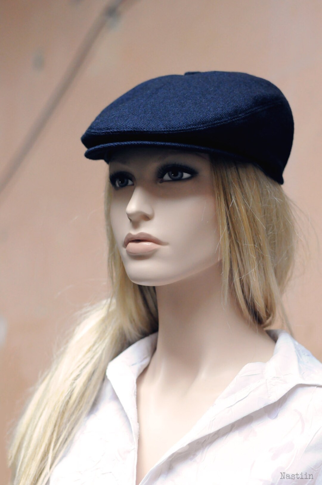 Flat Newsboy Hat in Navy Blue Wool Autumn Hat With Visor Etsy