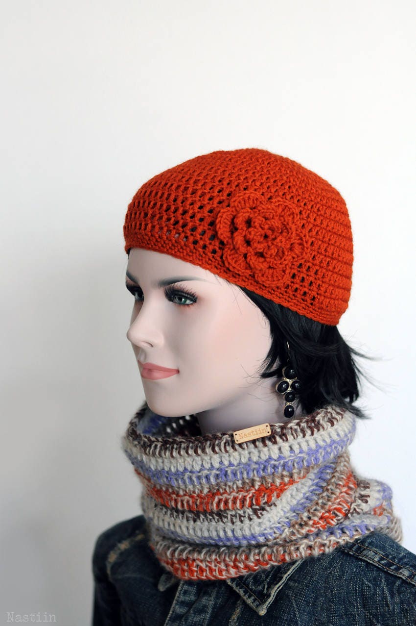 Orange crochet hat with flower Crochet cloche hat Beanie hat | Etsy