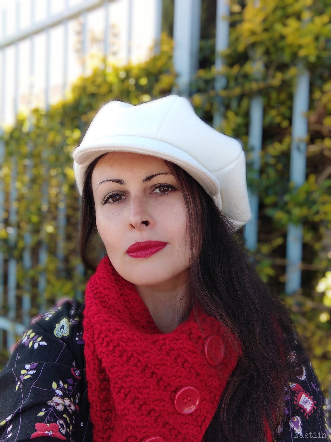 White Newsboy Cap With Visor, Womens White Wool Beret Hat With Bill