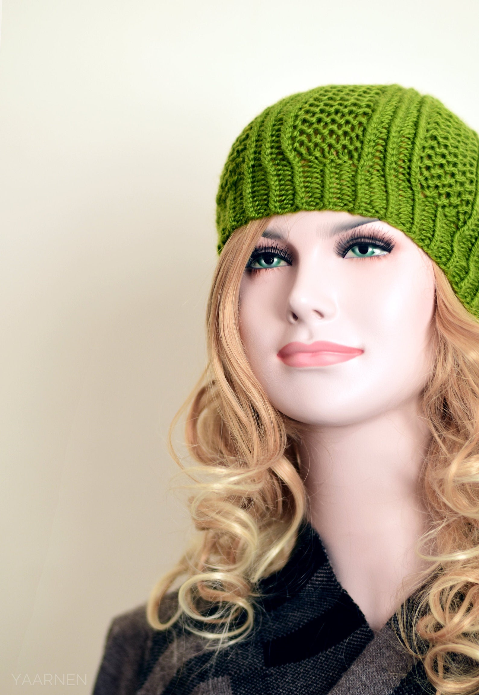 Pea green knit beanie hat Slouchy knit beanie Womens cable Etsy