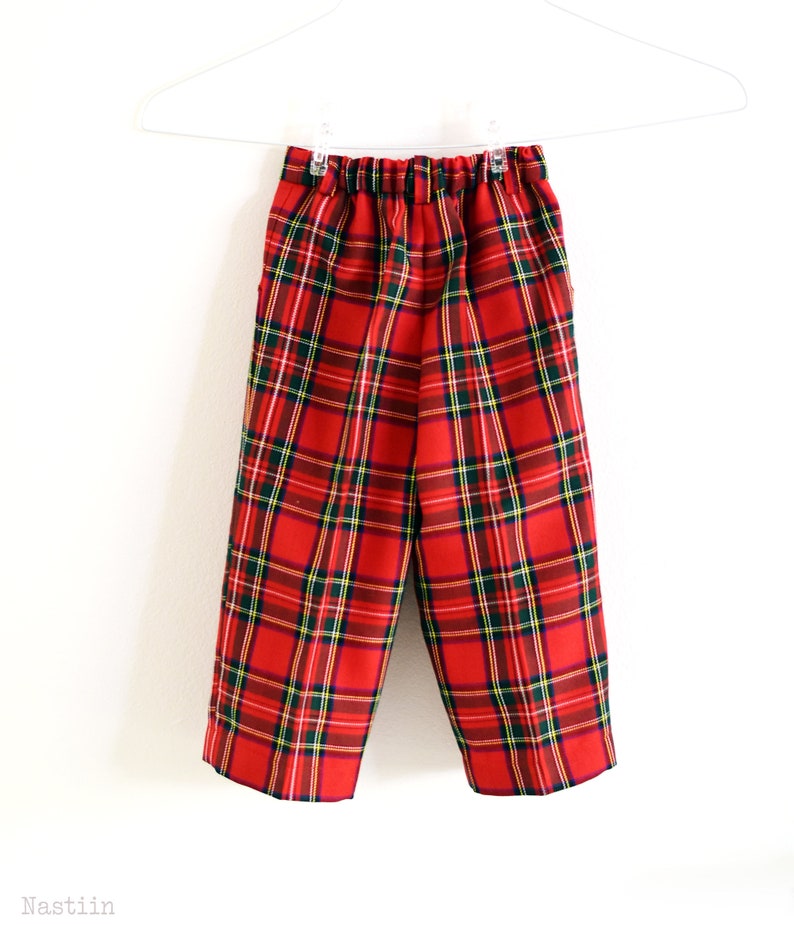 Boys tartan trousers with suspenders in red and green tartan, red tartan plaid pants with braces, kids Christmas outfit, any size available image 6