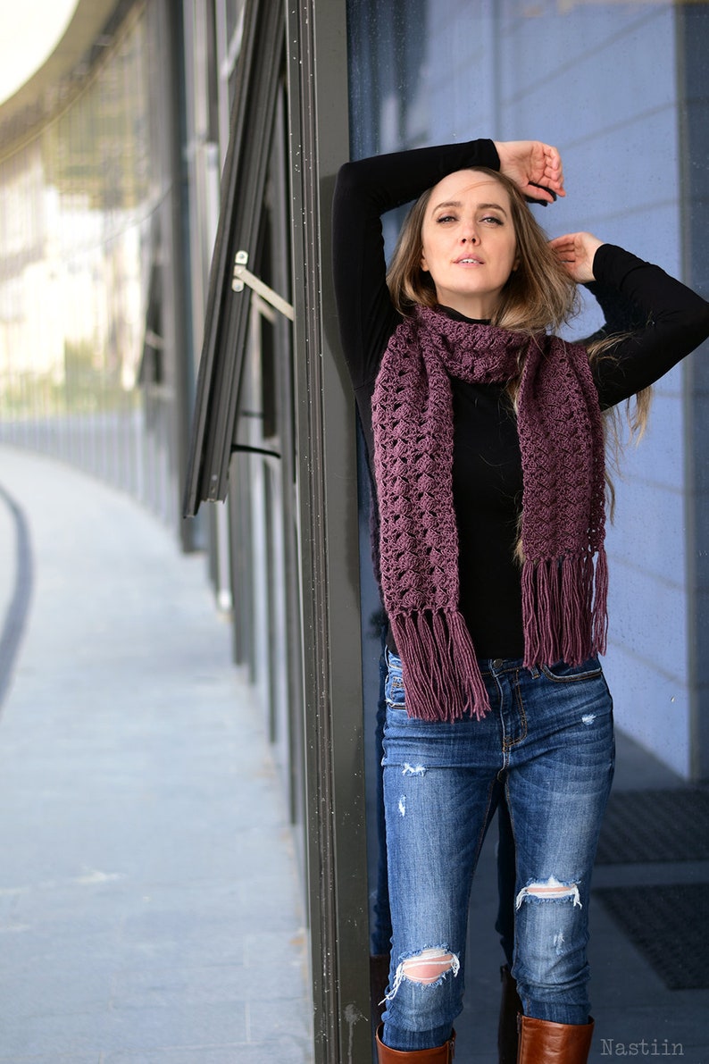 Crochet lace scarf with fringe in aubergine, womens handmade scarf with fringe, eggplant purple fringed scarf in soft merino wool blend image 3