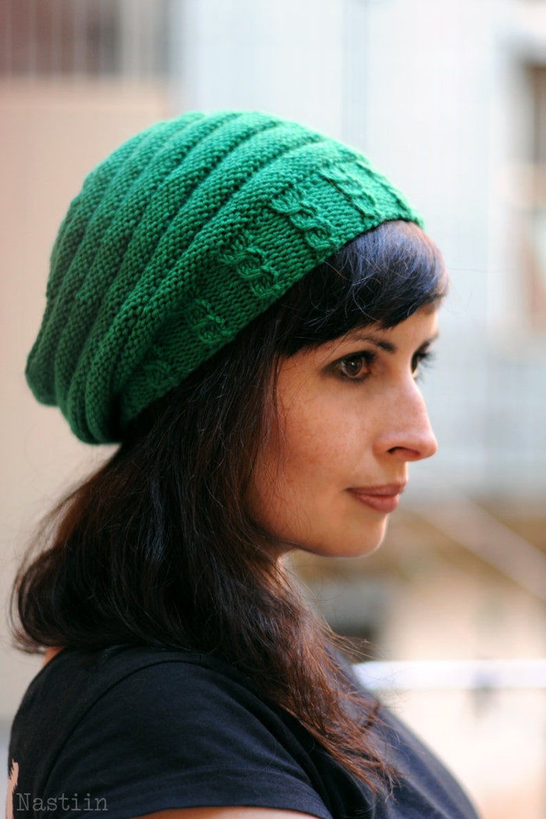 Kelly green knit beanie hat Slouchy knit beanie Womens cable Etsy