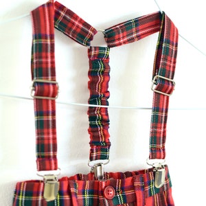 Boys tartan trousers with suspenders in red and green tartan, red tartan plaid pants with braces, kids Christmas outfit, any size available image 2