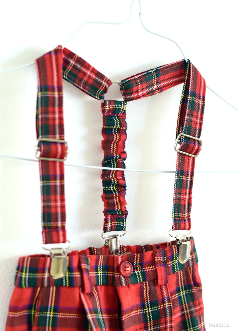 Boys tartan trousers with suspenders in red and green tartan, red tartan plaid pants with braces, kids Christmas outfit, any size available image 2