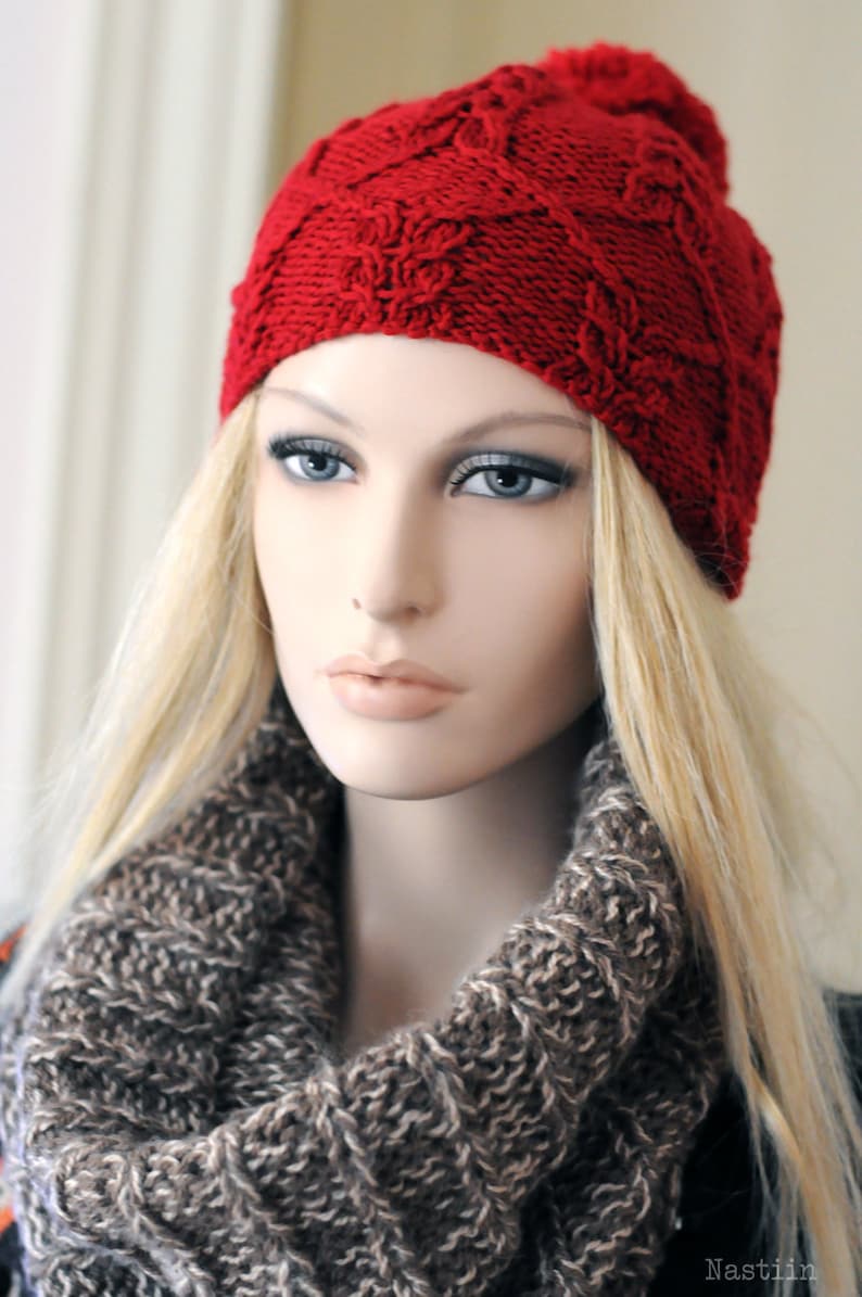 Knit Pompom Hat Womens Knit Beanie Red Beanie Hat Red Hat Knit Etsy