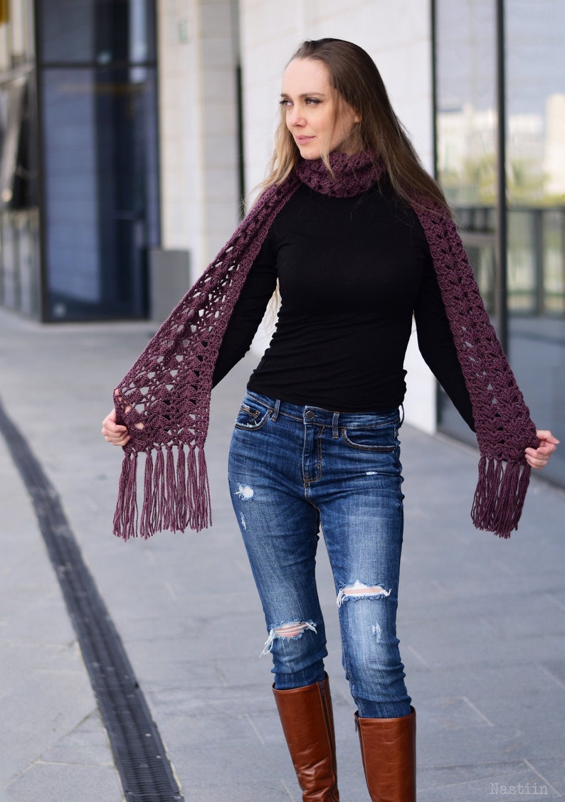 Crochet lace scarf with fringe in aubergine, womens handmade scarf with fringe, eggplant purple fringed scarf in soft merino wool blend image 2