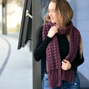 Crochet lace scarf with fringe in aubergine, womens handmade scarf with fringe, eggplant purple fringed scarf in soft merino wool blend image 5