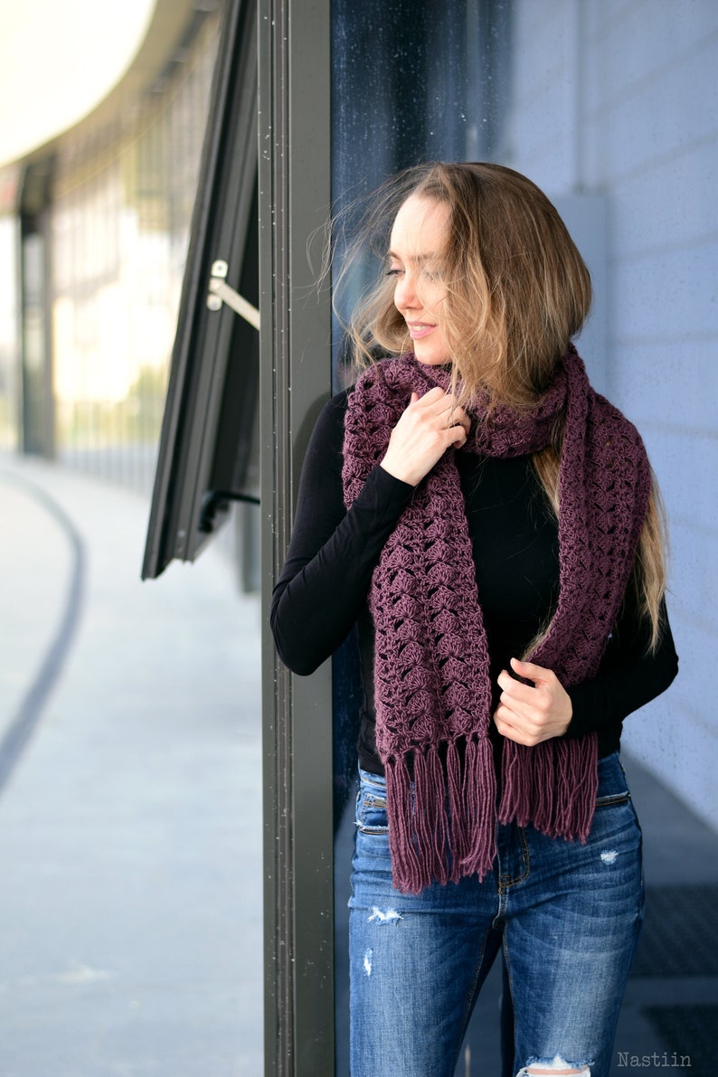 Crochet lace scarf with fringe in aubergine, womens handmade scarf with fringe, eggplant purple fringed scarf in soft merino wool blend image 5