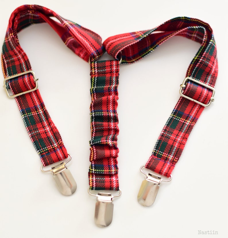 Boys tartan trousers with suspenders in red and green tartan, red tartan plaid pants with braces, kids Christmas outfit, any size available image 3