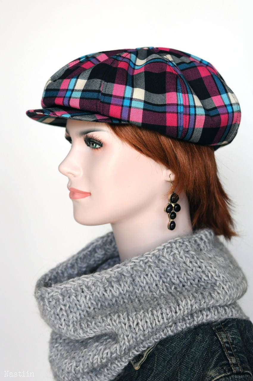 Blue pink newsboy hat Tartan newsboy cap Plaid newsboy cap Etsy