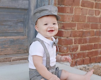 Baby boy outfit Grey newsboy hat and bowtie Ring bearer outfit Toddler shorts with suspenders Baby boy wedding outfit Infant wedding outfit