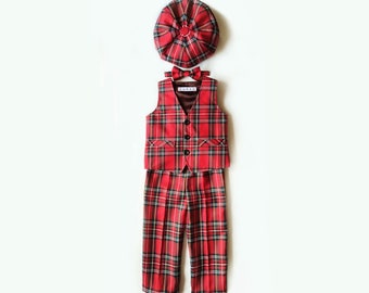 Boys Christmas outfit in red tartan, toddler boy hat, bow tie, waistcoat and trousers, baby cap, vest and pants, Christmas clothes for boys