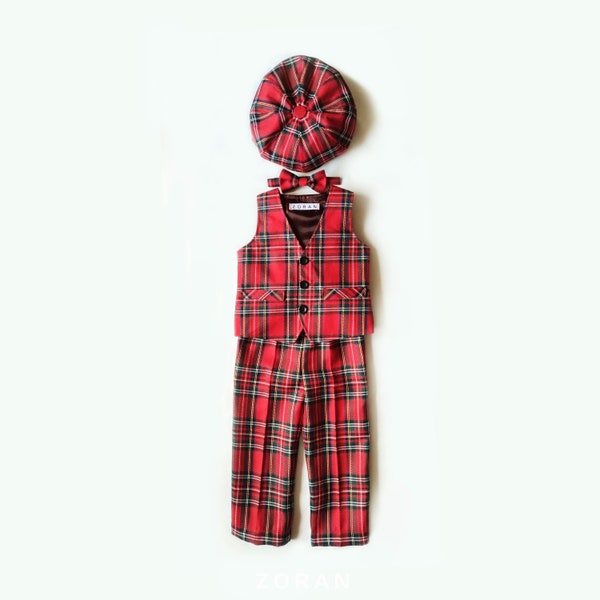 Tenue de Noël pour garçon en tartan rouge, chapeau pour tout-petit, noeud papillon, gilet et pantalon, casquette pour bébé, gilet et pantalon, vêtements de Noël pour garçons