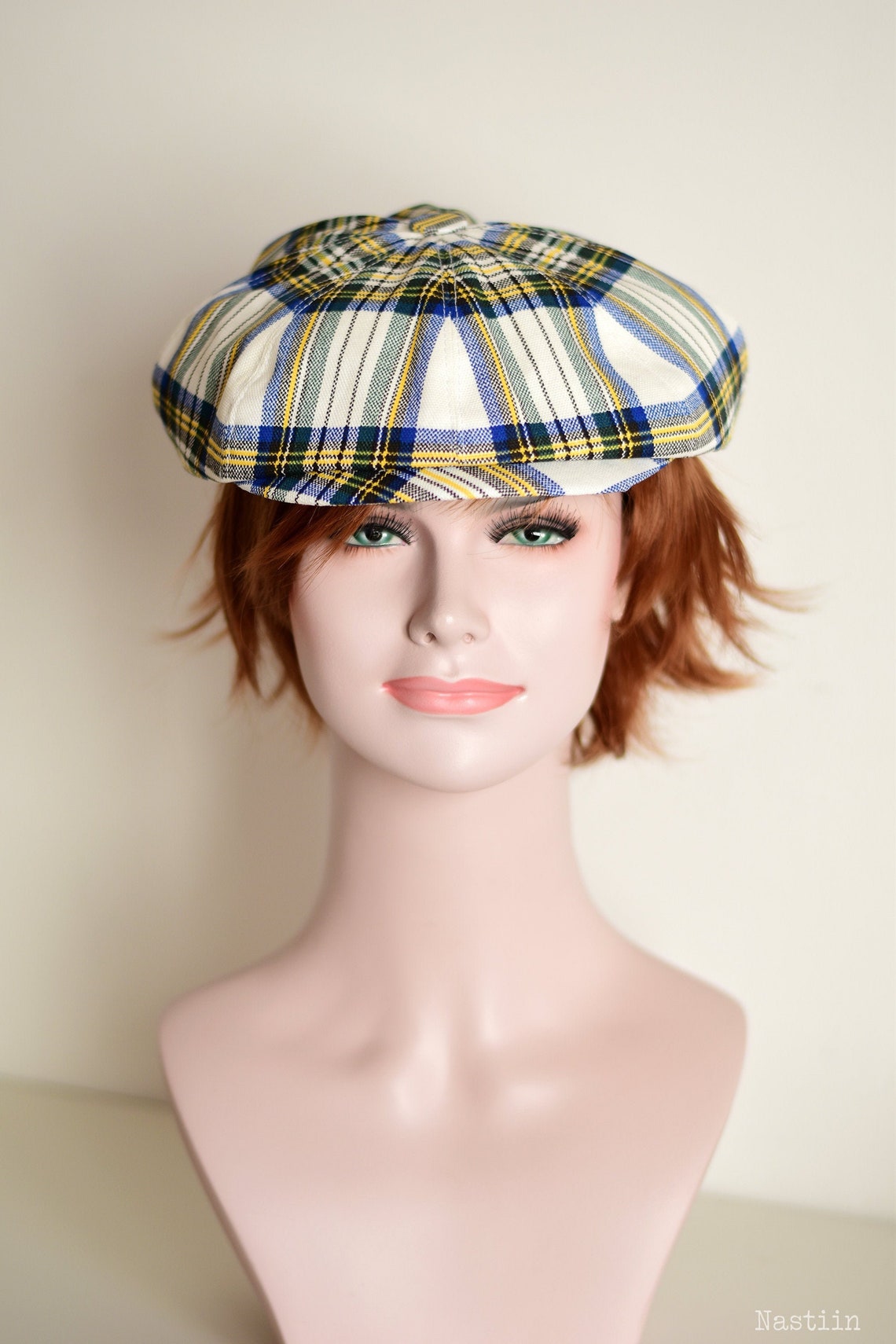 Linen Newsboy Hat in White Blue Yellow Tartan Plaid Newsboy Etsy