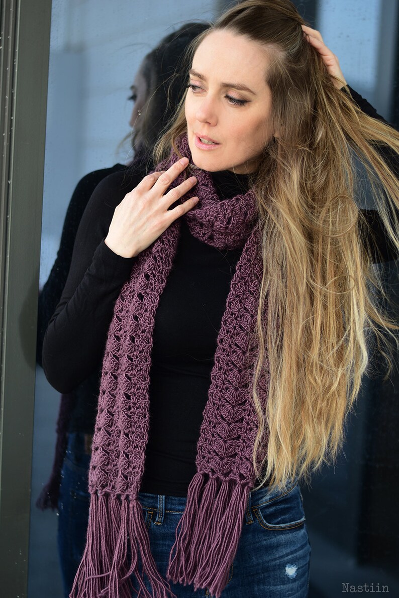Crochet lace scarf with fringe in aubergine, womens handmade scarf with fringe, eggplant purple fringed scarf in soft merino wool blend image 4