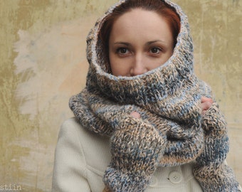 Knit infinity cowl and gloves in blue and beige, handknit loop scarf and fingerless mittens, oversized hooded scarf with fingerless gloves