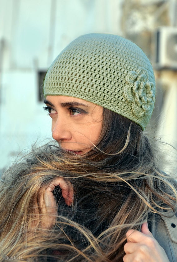 Crochet Hat With Flower Acrylic Vegan 