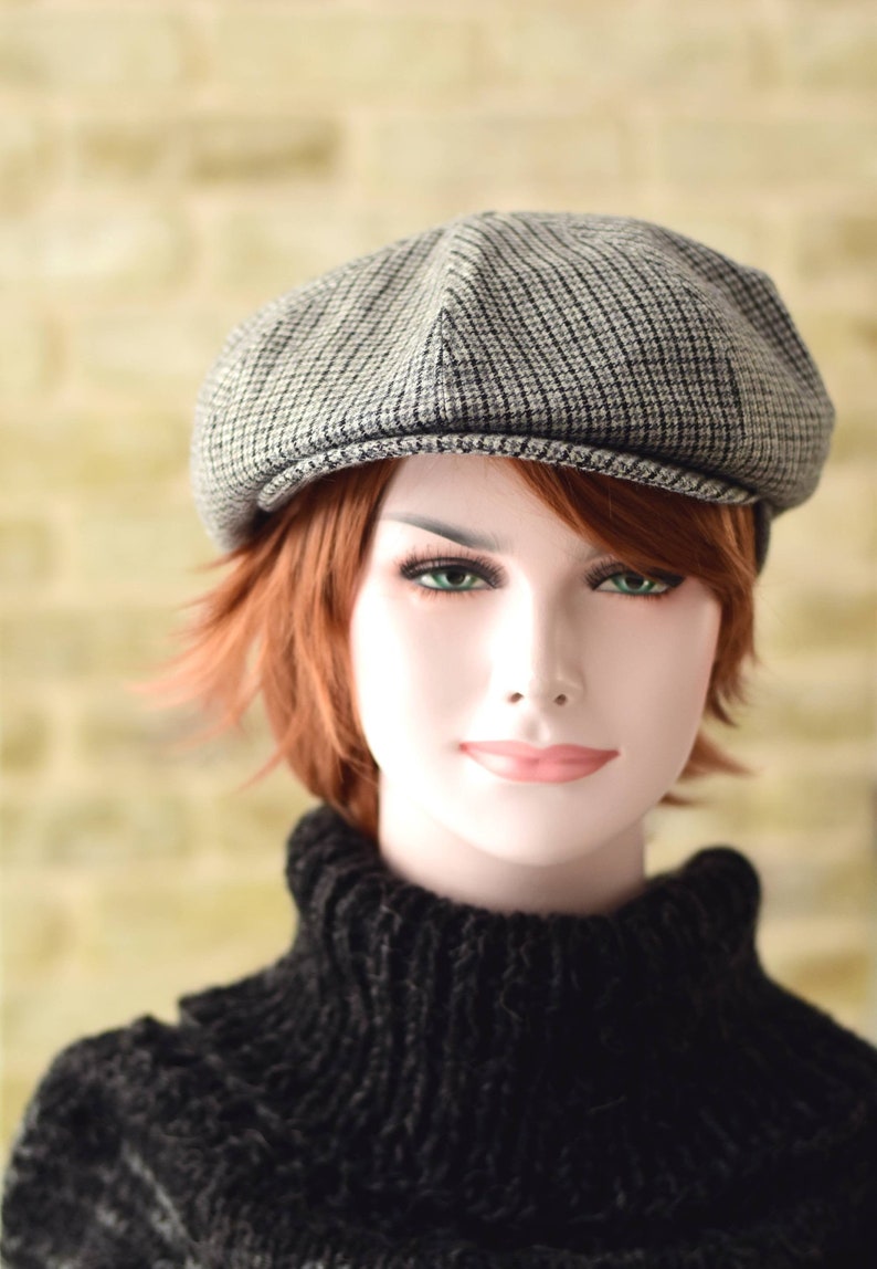 Grey wool newsboy cap with houndstooth pattern unisex newsboy Etsy