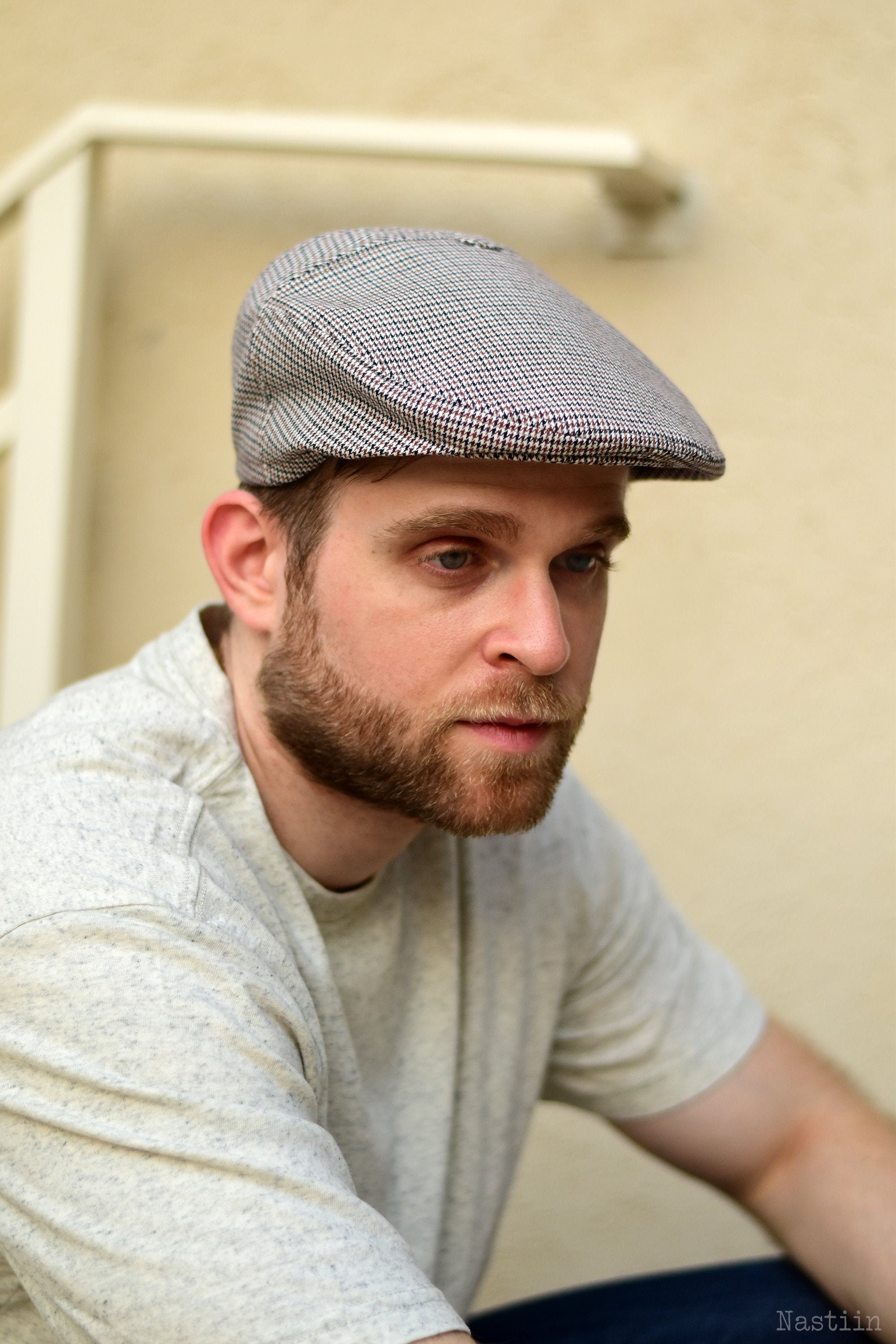 Cotton Newsboy Cap in Blue and Black Tartan, Summer Newsboy