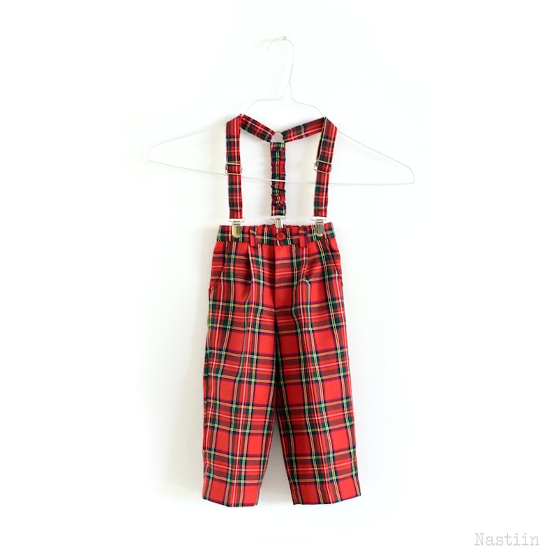 Boys tartan trousers with suspenders in red and green tartan, red tartan plaid pants with braces, kids Christmas outfit, any size available image 1