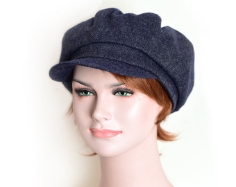 Unisex newsboy cap in navy herringbone wool, autumn hat for women and men, blue newsboy hat, beret with visor, womens news boy hat, newsie