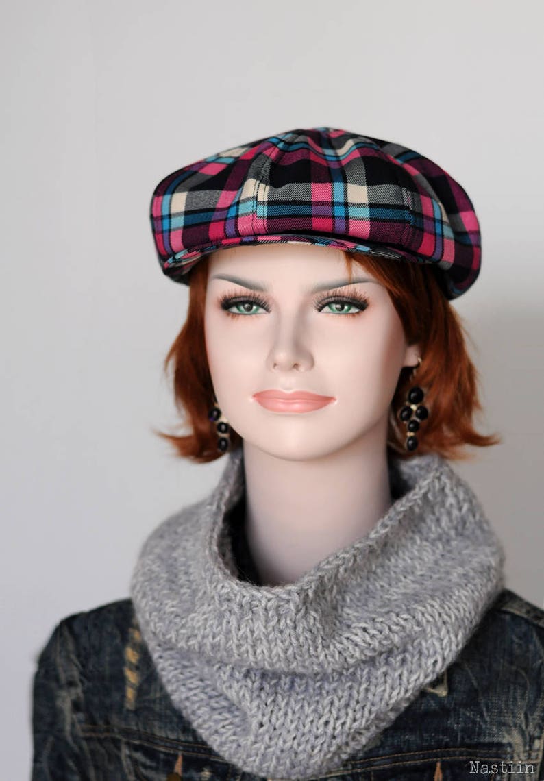 Blue pink newsboy hat Tartan newsboy cap Plaid newsboy cap Etsy