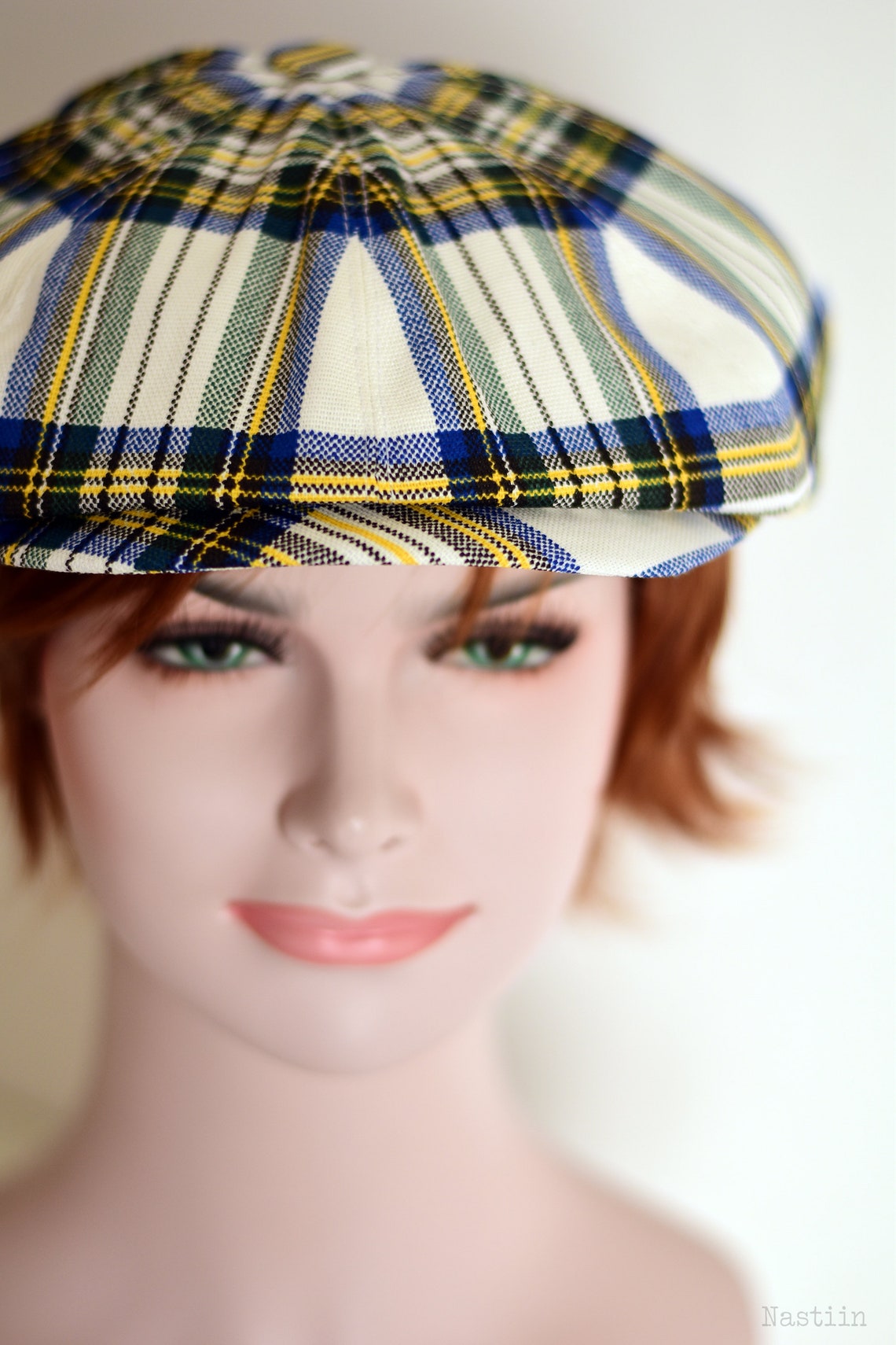 Linen Newsboy Hat in White Blue Yellow Tartan Plaid Newsboy Etsy