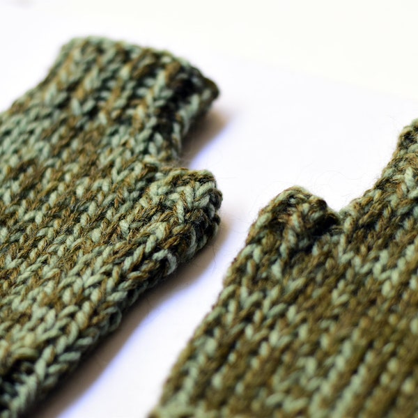 Half finger knit mittens in green or brown, unisex knit fingerless mitts, handknit fingerless gloves, knit wrist warmers, Christmas gifts