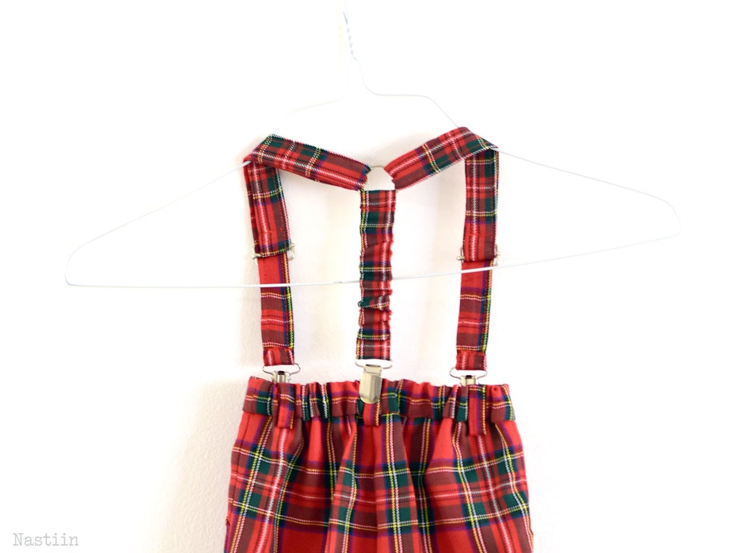 Baby Bloomers With Suspenders in Red and Green Tartan, Boys Christmas