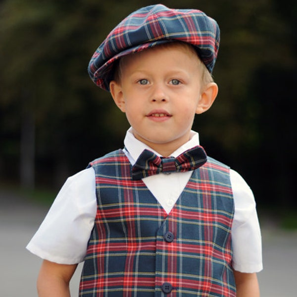 Boys blue tartan outfit Toddler boy plaid vest hat and bow tie Ring bearer outfit navy and red Baby boy wedding outfit Pageboy outfit infant