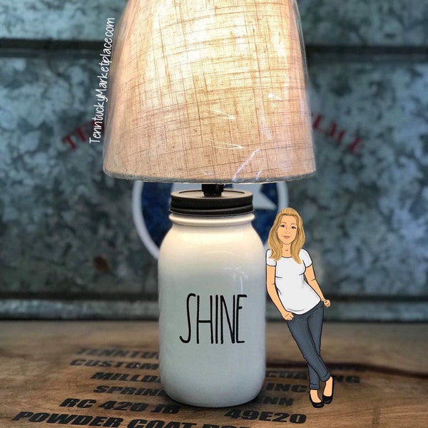 Rae Dunn Inspired SHINE table lamp perfect for counter or night table | Mason Jar Accent Lamp | Farmhouse Lamp | Powder Coated Laser Engrave