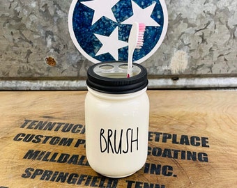 Toothbrush Holder | Farmhouse Bathroom | Pairs we’ll with Rae Dunn | Mason Jar Soap Dispenser | Powder coated and lasered