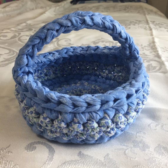 Fabric Crochet Basket Small Rag Basket Handmade Crocheted Etsy