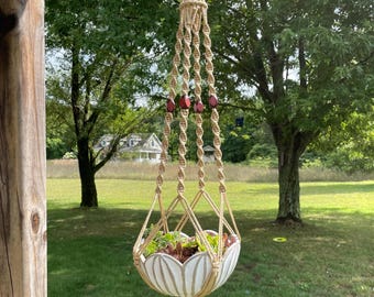 Medium Macrame Plant Hanger, Tan 4mm Cord with Vintage Wood Beads, Fancy Top, 40” length