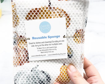 Reusable Sponge, Autumn Prints, Zero Waste Kitchen Washable Cloth Sponge- Set of 3 Bundle- Autumn Kitchen Decor