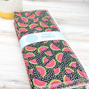 Reusable Cloth Paper Towels Without or With Snaps, Watermelon Print, Washable Cleaning Cloths, Ecofriendly Housewarming Gift