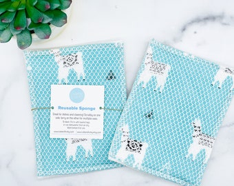 Reusable Eco Sponge Zero Waste Kitchen Washable Cloth Dish Sponge- llama Print