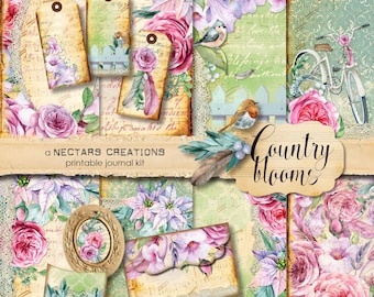 COUNTRY BLOOMS Floral Printable Junk Journal Kit. Bo-ho, vintage, for Scrapbooking, Journals, Card Making, Mixed Media craft, collage sheet