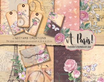 À PARIS_Travelers Notebook Size VINTAGE PRINTABLE Journal Kit, Floral, Journal pages, Collage sheet, Digital Images, Ephemera